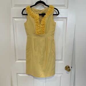 Taylor yellow linen sleeveless v-neck dress with ruffle neck detail size 2.